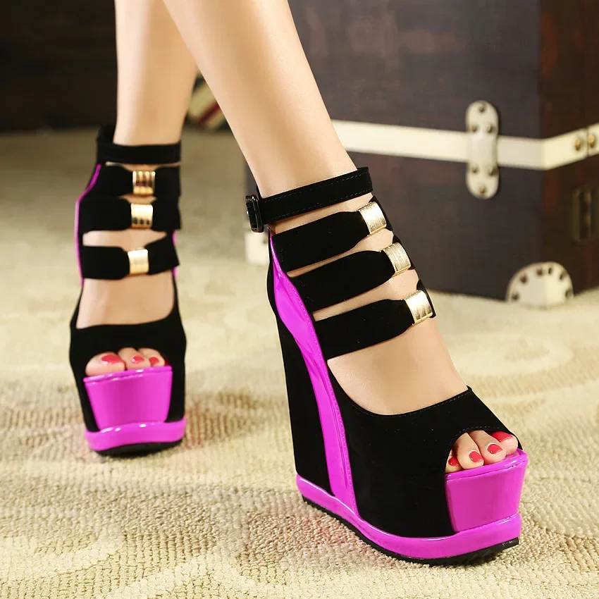 New Genuine Women Platform Sandals Wedges High heel 14cm Peep Toe Mixed Colors Sweet Woman Shoes Sexy Ladies Shoes