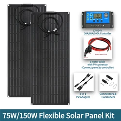 150W 75W Solar Panel Kit 18V Flexible Monocrystalline Solar Cell Power Charger for Outdoor Camping Yacht Motorhome Car RV Boat