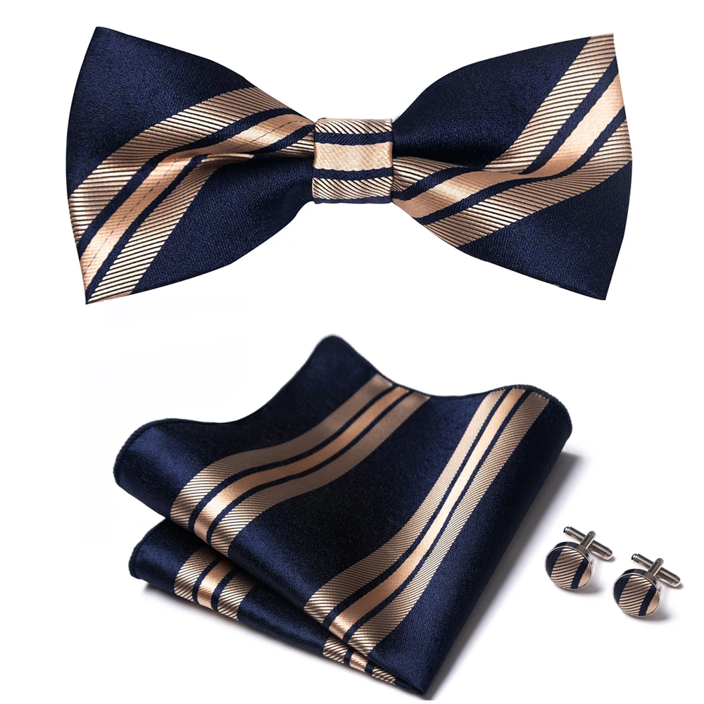 100% Silk Brand Handmade Bowtie Handkerchief Cufflink Set For Men Clothing Accessories Blue Striped Fit Wedding Party