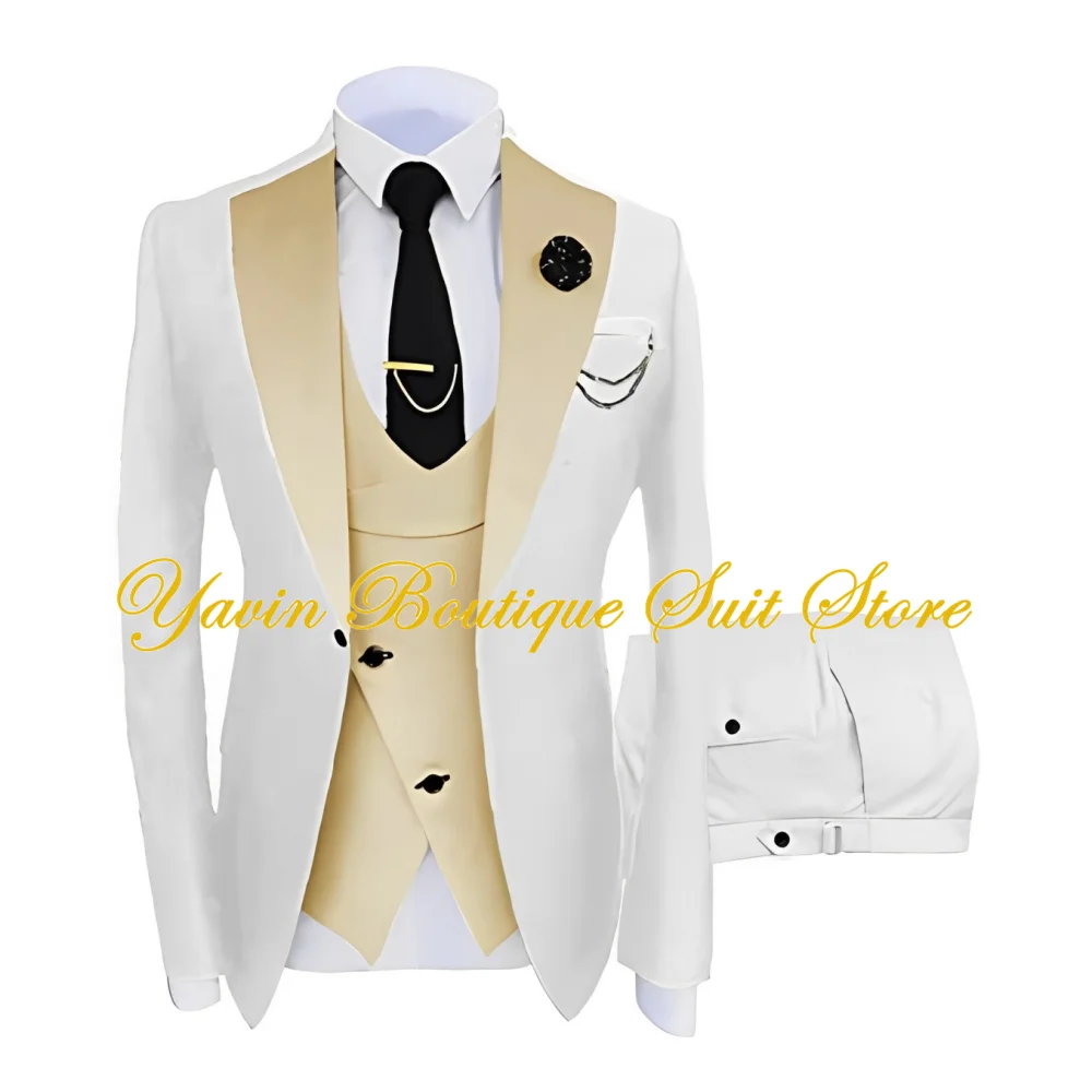 White Men\'s Suits Fashion Suit Set Slim Fit 3 Piece Blazer Vest Pants Wedding Prom Suits Set