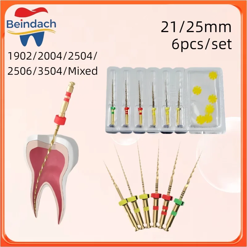 

Набор из 6 эндодонтических файлов: золотистые конические файлы, нитинолевые файлы, роторные эндодонтические файлы 21/25 мм, материалы для лечения корневых каналов в стоматологии