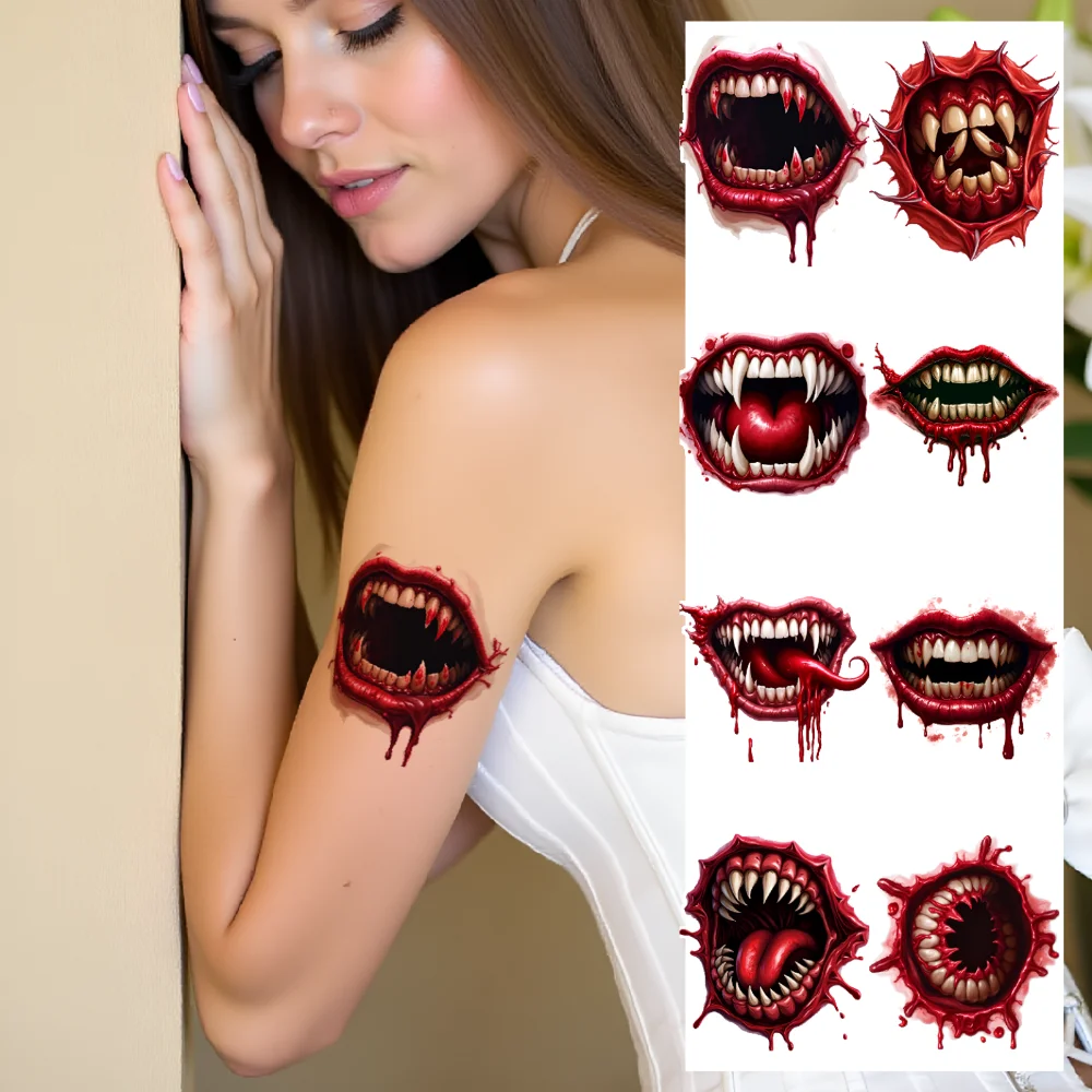 

9pcs Temporary Tattoo Teeth Waterproof Long-lasting Body Stickers Dripping Blood Fangs Halloween Eye For Adults Girls Women