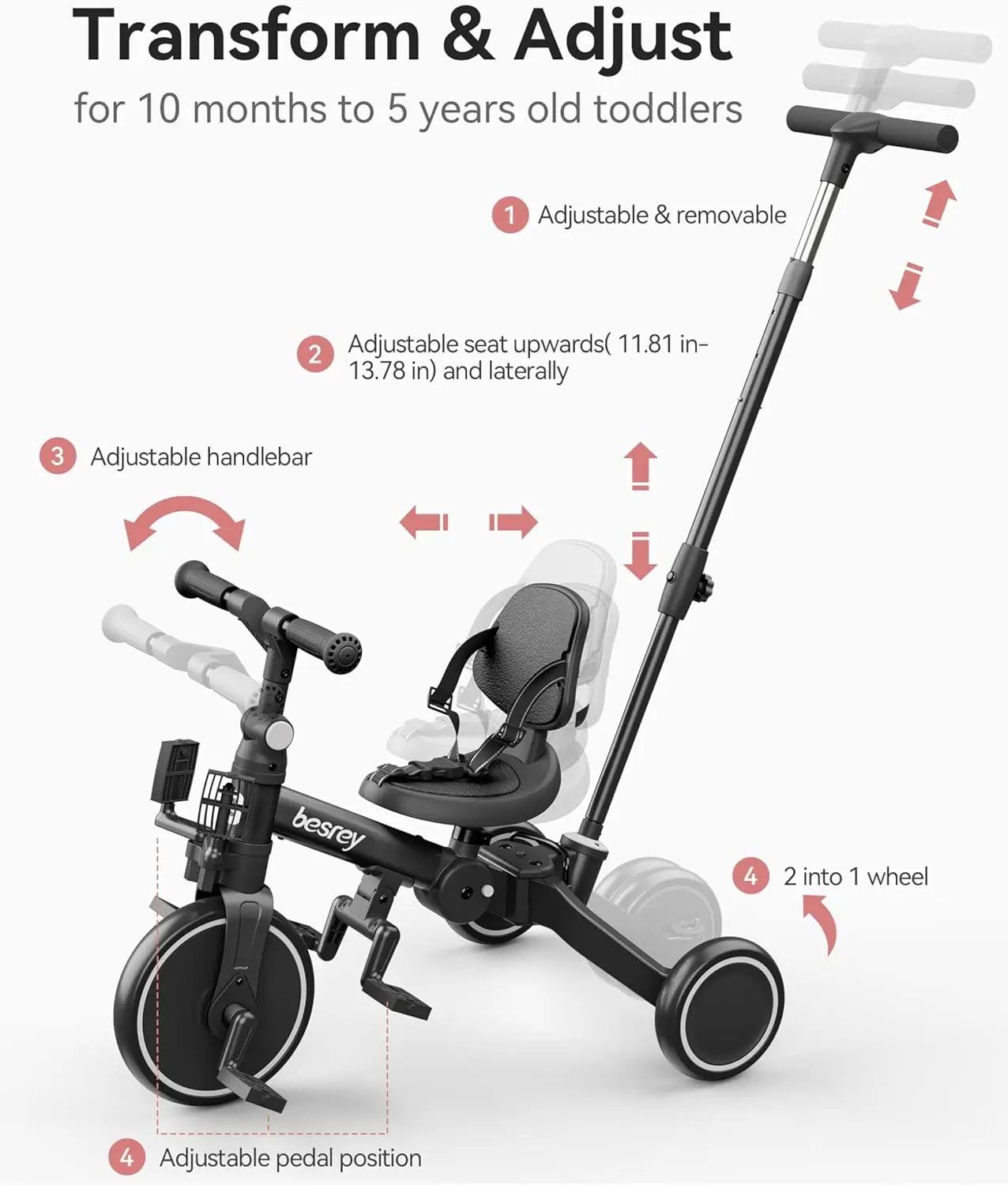 Tricycle 5 en 1 pour tout-petit de 1 à 3 ans, vélo avec poignée poussoir, dossier et ceinture de sécurité, cadeaux d'anniversaire et jouet