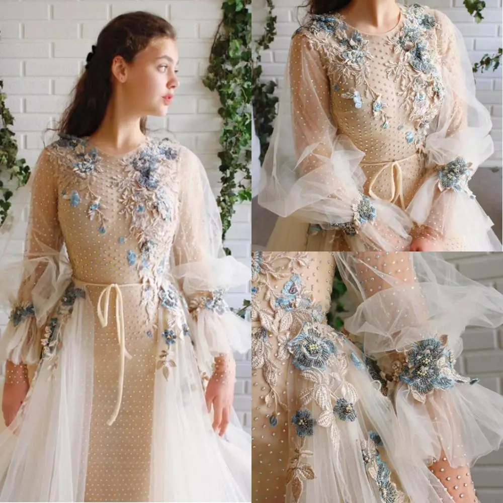 

Long-sleeved evening dress applique round neck dance dress A line detachable wedding dress custom banquet birthday party dress