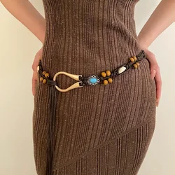 Boho 1pc 's Double Row Beaded Wax Rope Braided Waist Belt