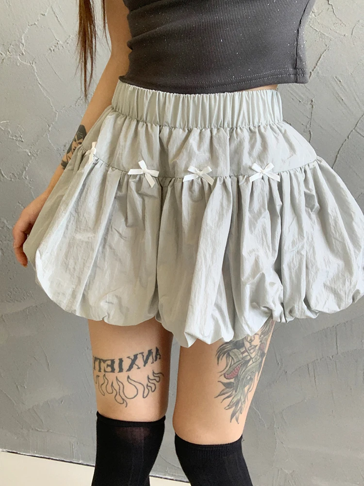 Summer American Design Bow Elastic Waist Grey A-line Flower Skirt Fashion Women Sexy JK Skrits Mini 2024 New  Z8LY