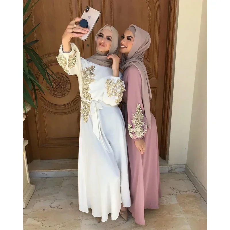 N66abaya embroidered Muslim long dress women pearls kaftan abayas robe femme musulmane Dubai hijab Vestido Islamic clothing 2W $