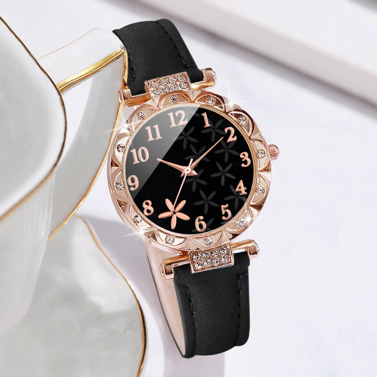 6PCS/Set Fashion Rhinestone Women Watches Heart Leaf Bracelets Set Female Flower Dial Leather Band Quartz Watch(Without Box)