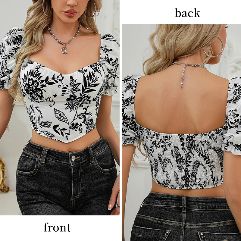 Summer Women\'s Casual Print Slim Fit Top with Short Sleeves Women\'s Square Without Chest Pad Print Casual Fashion Daily Top