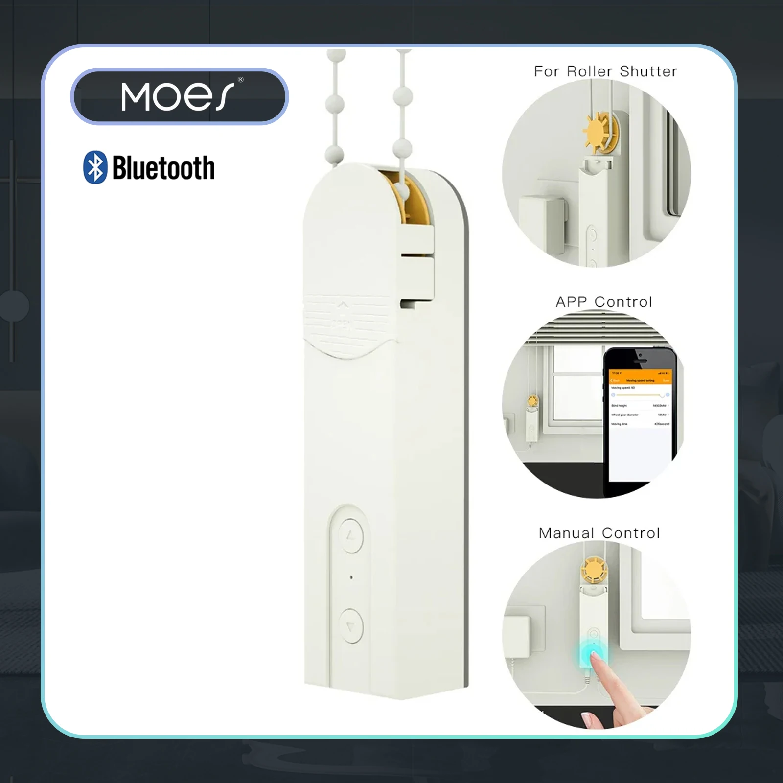 MOES Automatic DIY Smart Motorized Chain Roller Blinds Drive Motor Powered By Charger Build-in Bluetooth APP Control