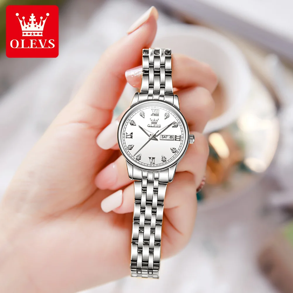 OLEVS Hot sale Women Fashion Week Date Quartz Watch for Ladies Waterproof Stainless Steel Luxury Wristwatch Womens Reloj Hombre