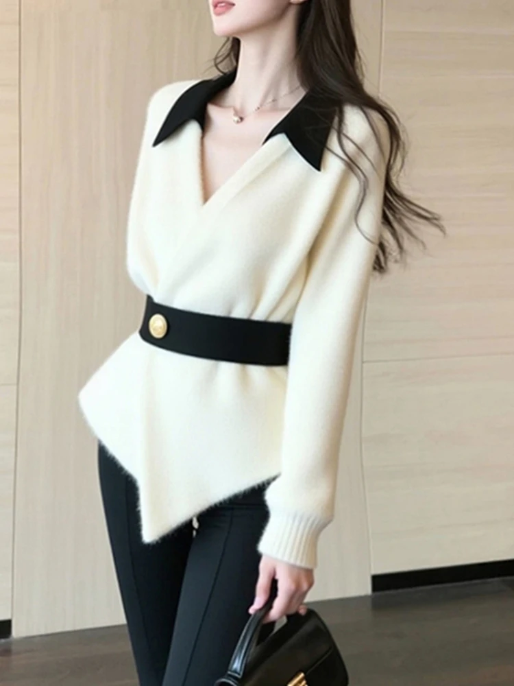 Ele Collar Color Blo Knitwear Long Sve Bequemer Damen-Irt-Sli Lazy Feel Winter Faion Commute Sle