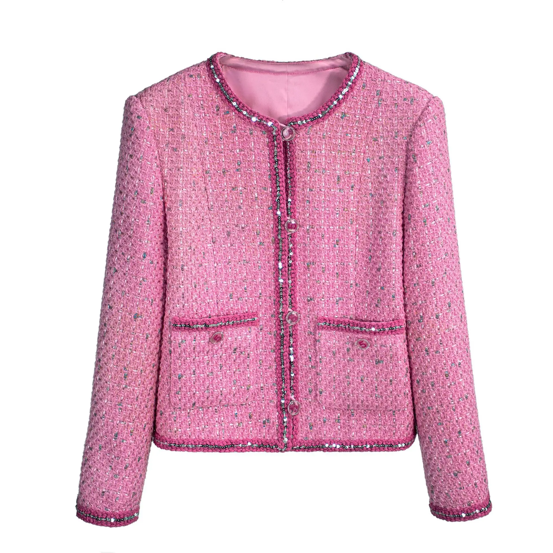 Imagem -05 - Jaqueta Feminina de Perfume Pequeno Tweed de Lantejoulas Cabolsa Curto Redutor de Renda Requintada Outwear Feminino Rosa Novo Outono 2023