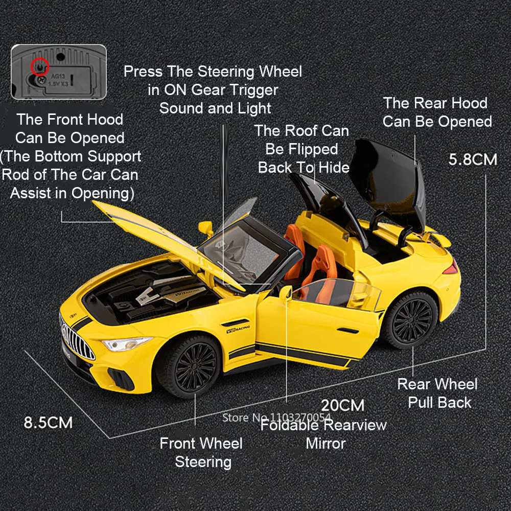 1:22 SL63 Model Alloy Toys Car Diecast Sports Cars 6 Doors Opened Sound Light Pull Back Front Wheel Steering Vehice Toy Boy Gift