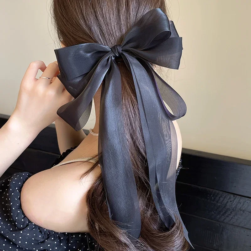 Apricot Large Bow Hair Clip Women Girls Chiffon Big Bow Hairpins Satin Barrette Women Ponytail Clip Hair Accessories Solid Color image 3