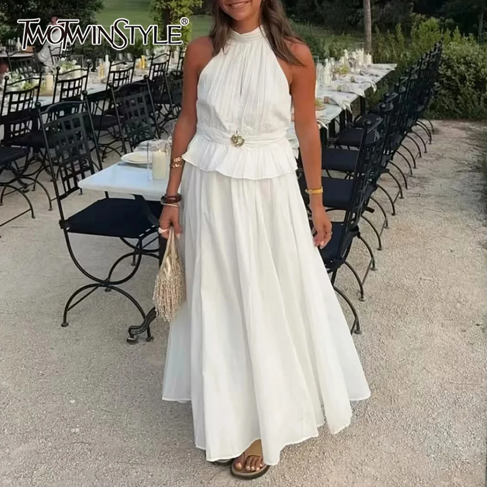 TWOTWINSTYLE Solid Two Piece Set for Women O Neck Sleeveless Top High Waist Temperament Skirts Female Fashion New