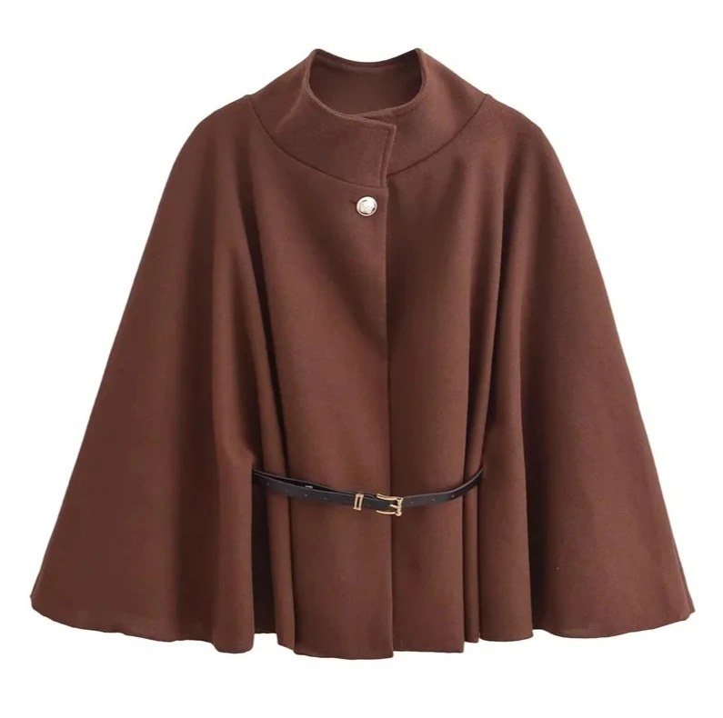 2025 Autumn Women's Short Cape Coat | Belted Faux Wool Elegant Cloak Jacket | Solid Color Casual Warm Outerwear for Ladies