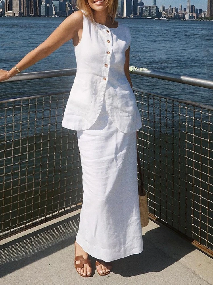 

New Summer Chic Cotton Long Skirt Set Women Sleeveless Single Breasted Vest Top Back Split Maxi Skirts Lady Dress 2 Piece Suits