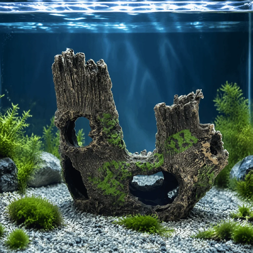 Multi-Cavity Hollow Aquarium Tree Stump Decor Single Molded Resin Textured Surface Fish Tank Cave Ornament Green Color Patches