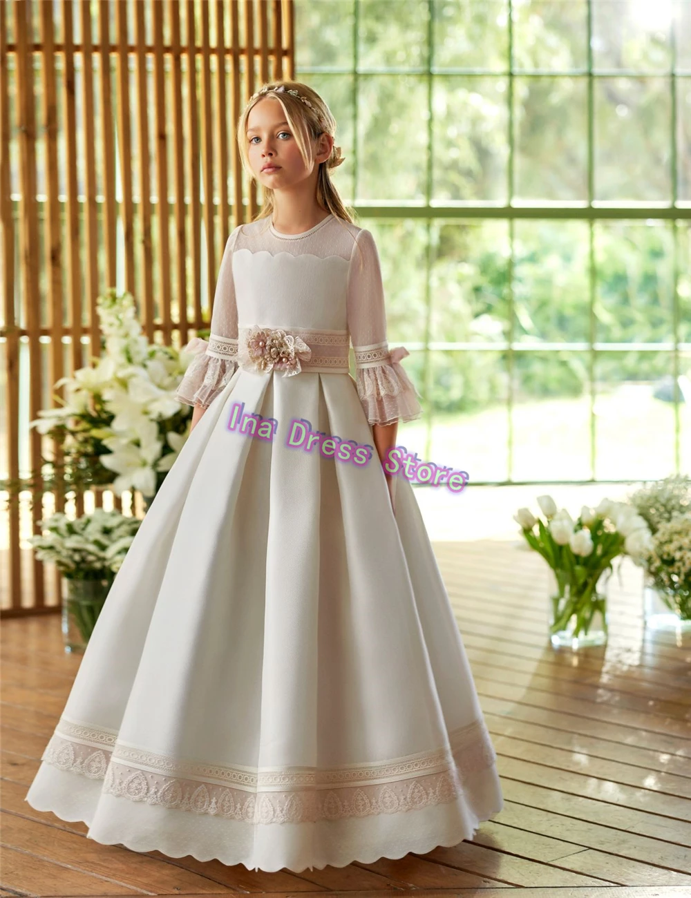 Customized Elegant First Communion Gowns Wedding Flower Girl Dress A-line 3D Floral Decorations Princess Ball Kids Birthday Gown