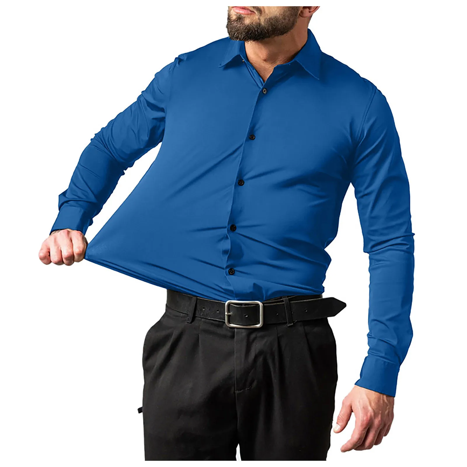 Men Dress Shirts Solid Color Long Sleeve Stretchy Formal Shirt Business Work Office Casual Lapel Button Down Plus Size Shirts