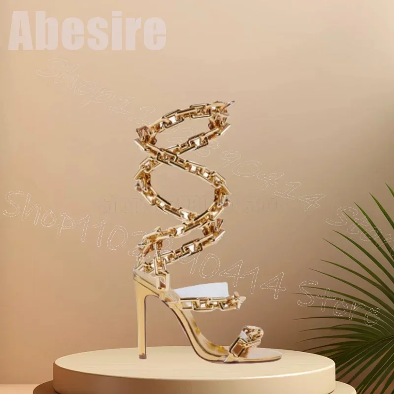 Gold Chain Hollow Design Open Toe Twine Sandals Buckle Strap Women Shoes Thin High Heels Party Banquet 2026 Zapatos Para Mujere
