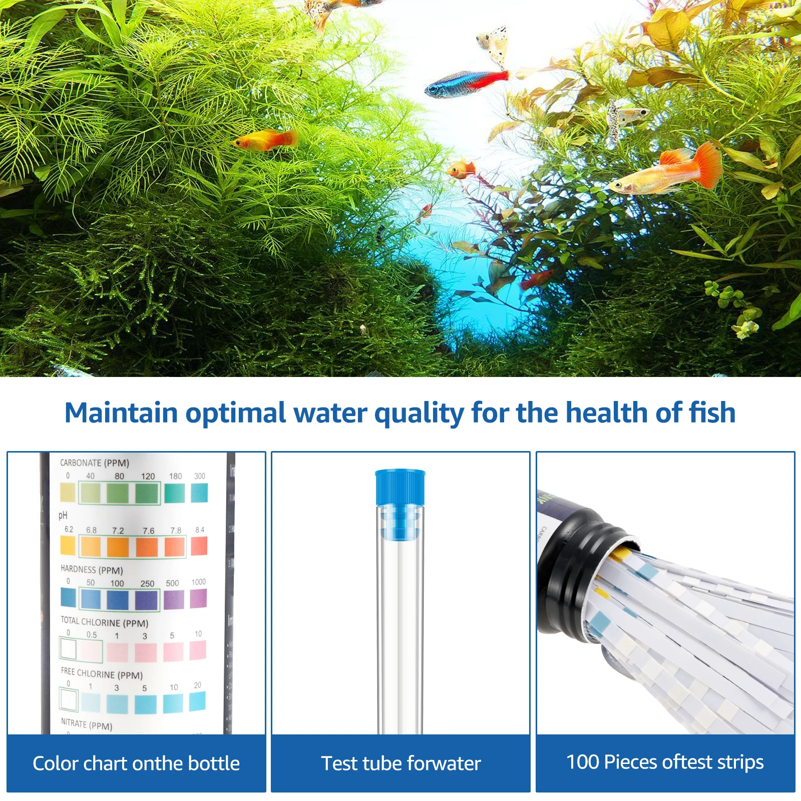 100Pcs 9-IN-1 7-IN-1 Aquarium Test Strips Fast Accurate Fish Tank Test Kit Water Quality Monitor pH Test Strips with Test Tube