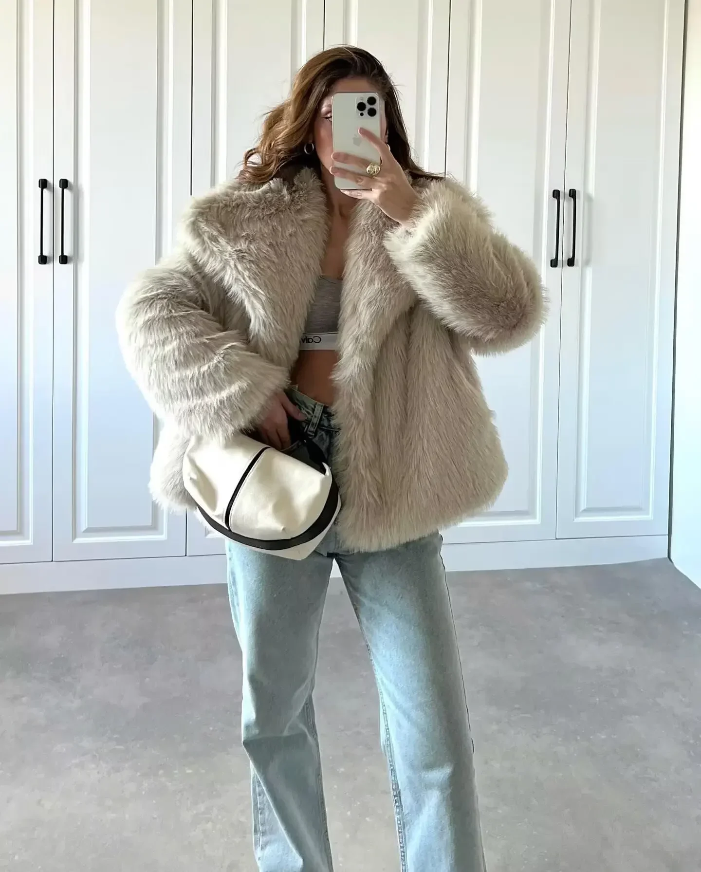 Women Fashion Faux Fur Jacket Vintage Turn-Down Collar Long Sleeve Coat Autumn Winter Woman Elegant Streetwear