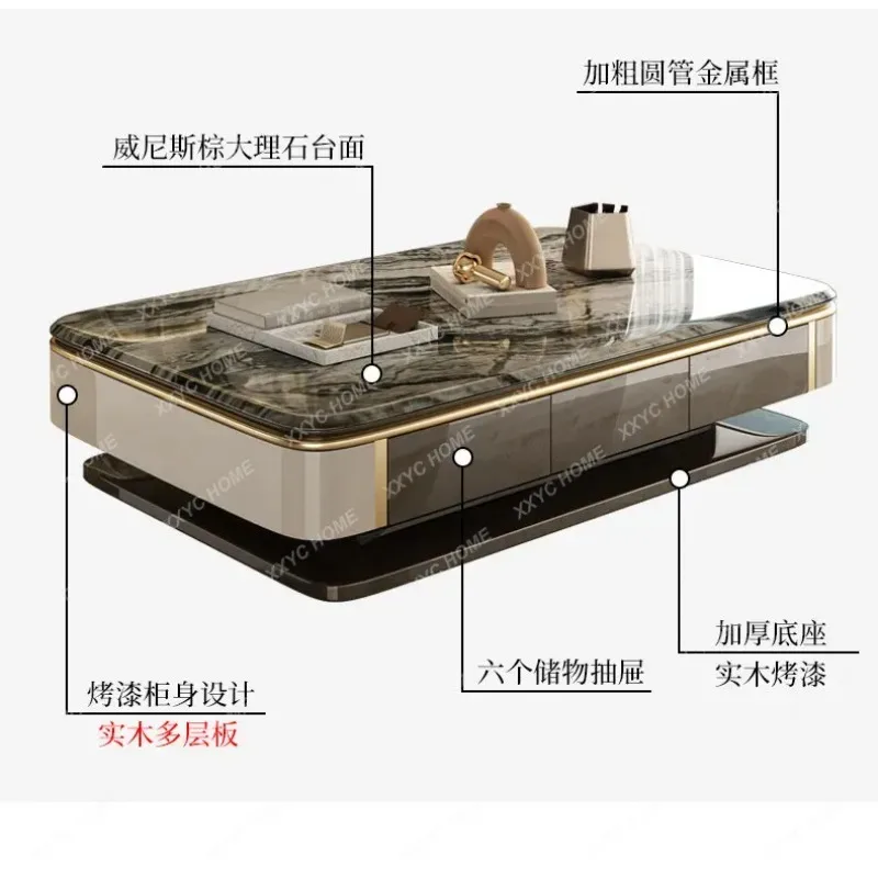 XX Modern Luxury Venice Brown Marble Coffee Table Living Room Storage Tea Table Solid Wood Multilayer Paint  Style