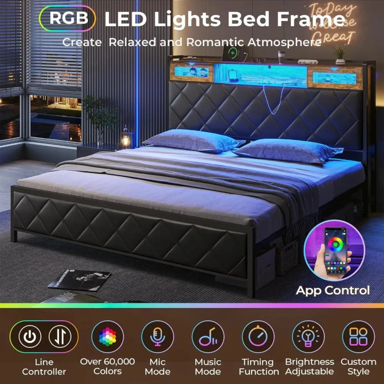 King Size Bed Frame, Storage Headboard &Charging Station, Platform Frame w/ Led Lights, Solid and Stable, Noise Free, Black