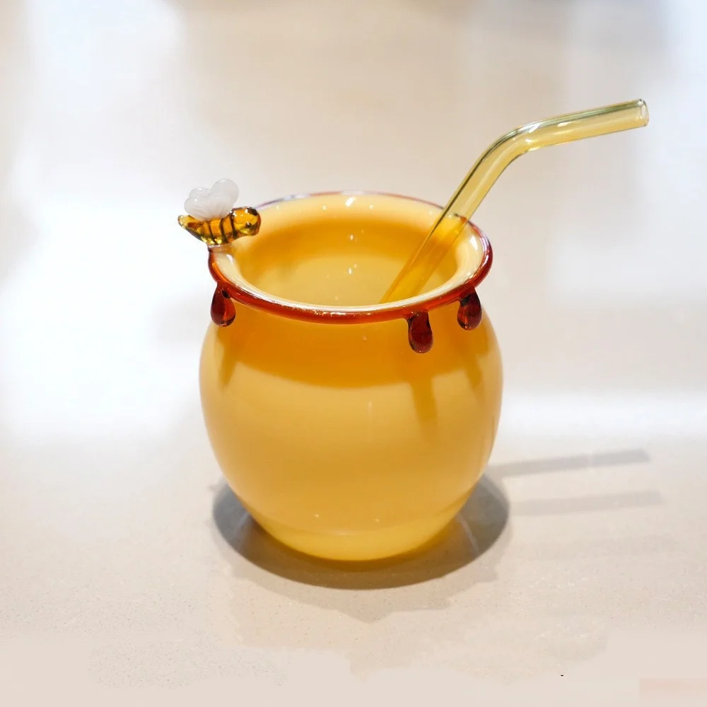 Cute Bee Glass Cup with Straw - Honey Jar Style Dessert & Ice Cream Bowl for Home, Cafe & Gift