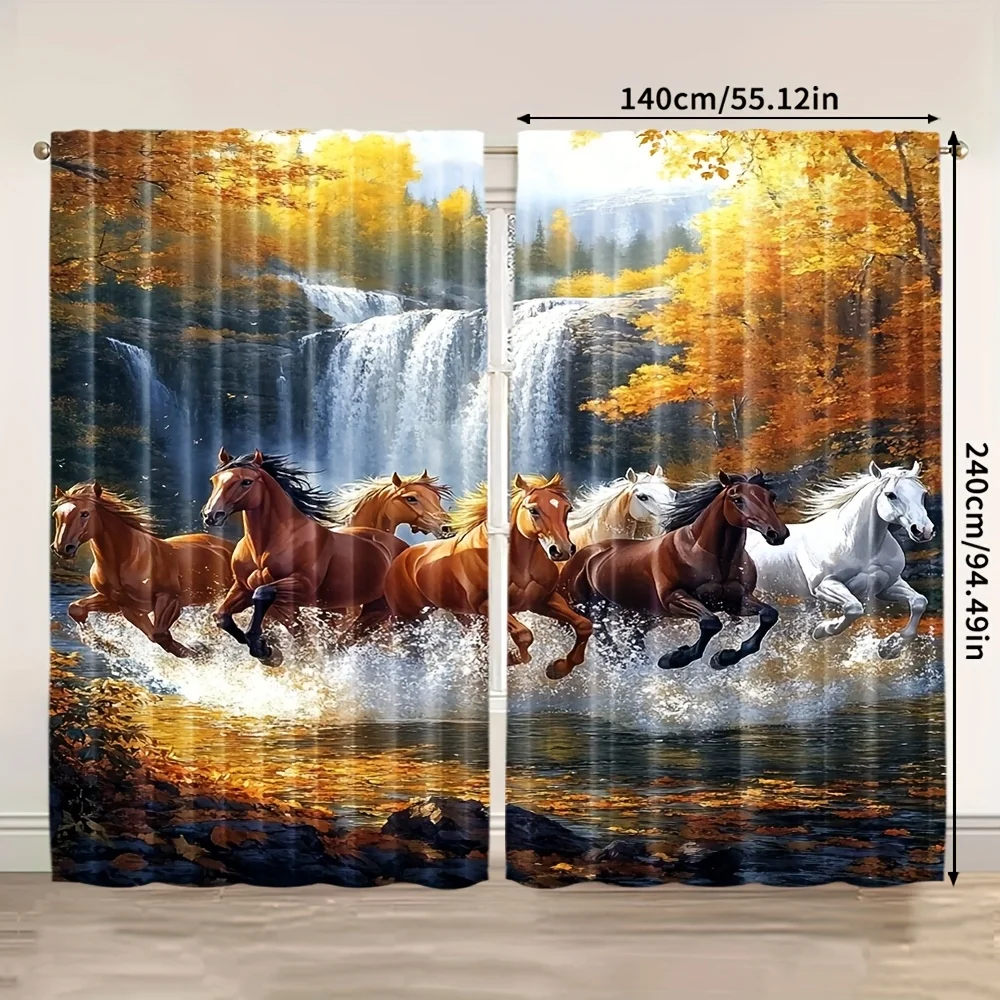 2 Panels Running Horses Curtains, Autumn Waterfall Landscape Print, Dynamic Animal Scenery Drapes for Living Room Decor
