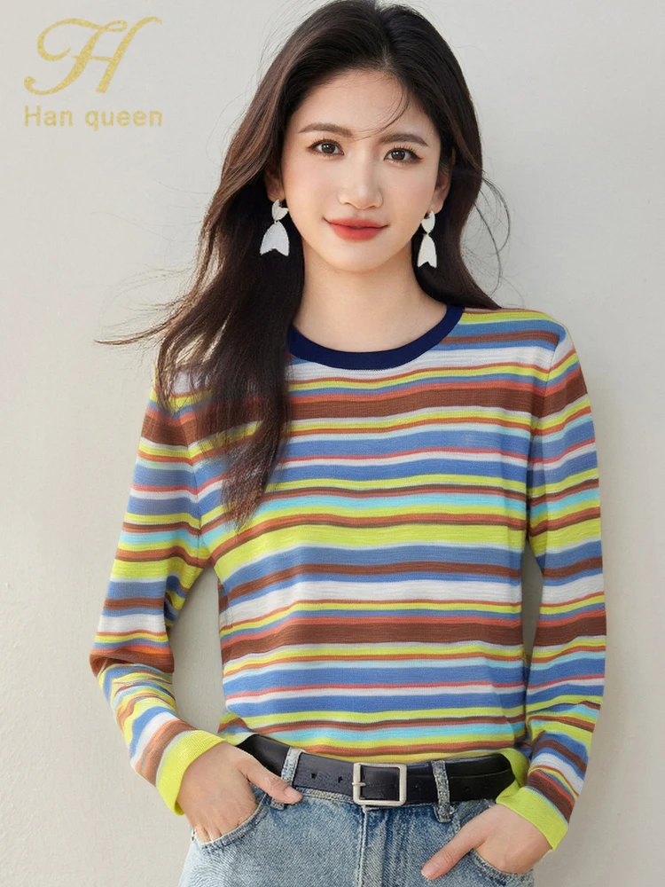 

H Han Queen Autumn Pullovers Soft Elastic Female Clothing Vintage Casual Top Simple Women Sweater Loose Stripe Korean Knitwear
