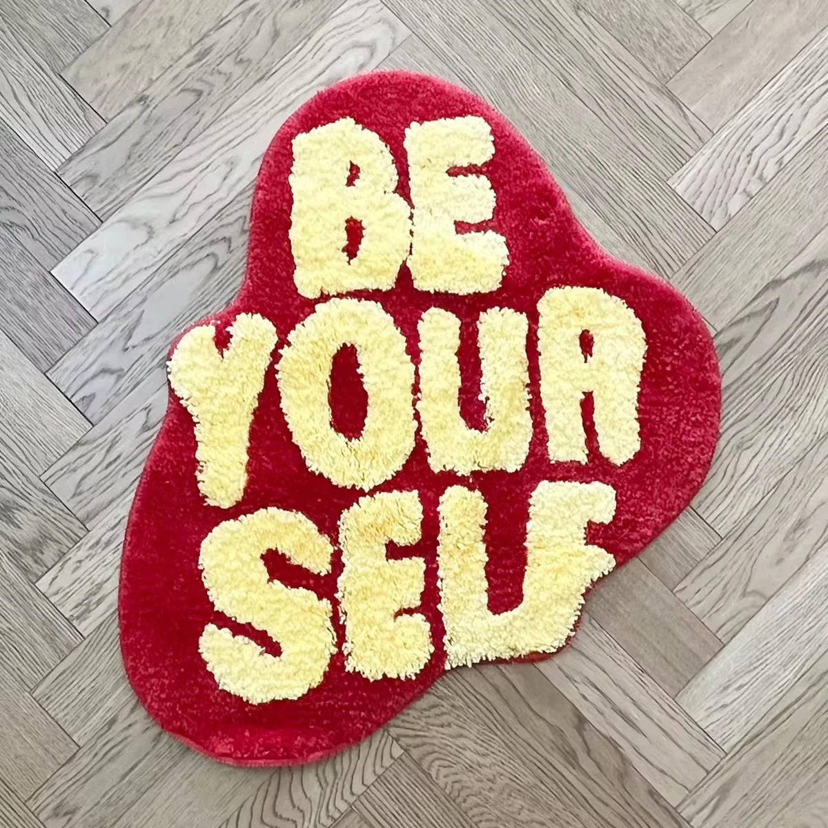 

Motivational 'BE YOUR SELF' Letter Tufted Rug Red Yellow Fluffy Shaggy Carpet Non-Slip Absorbent Bath Mat Living Room Bedroom