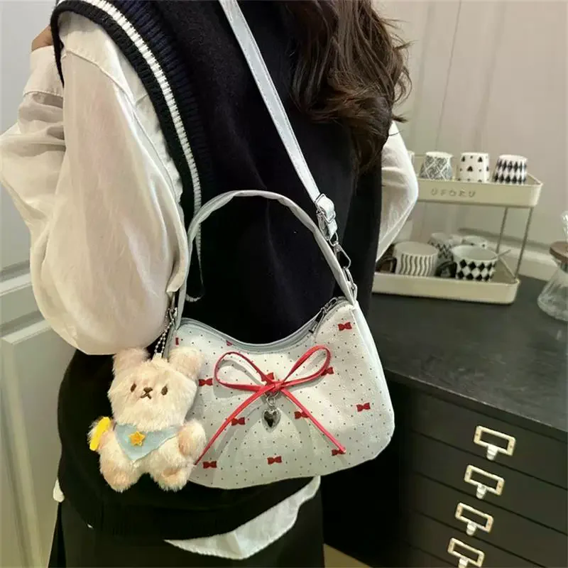 

Bowknot Print Shoulder Bag With Plush Pendant For Women Crossbody Handbag Girly Tote Commuter Bag Underarm Bag
