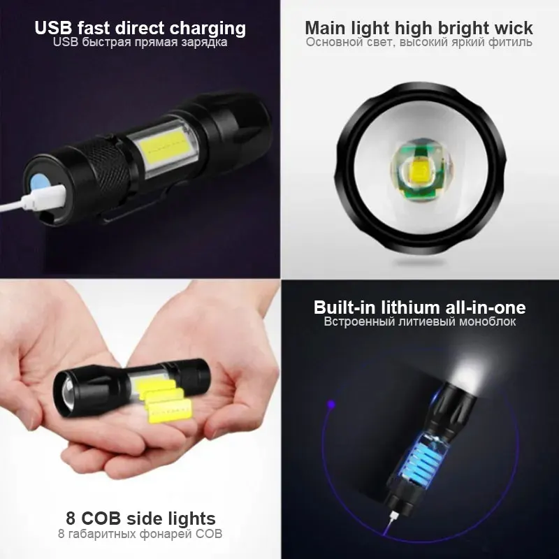 Mini lampe de poche LED aste avec lumière latérale COB, chargement USB, réglage multifonction, portable, extérieur, camping