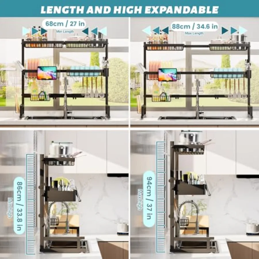 Over The Sink Dish Drying Rack for kitchen use, stainless steel, silver, expandable height and length with snap-on 2-tier desig