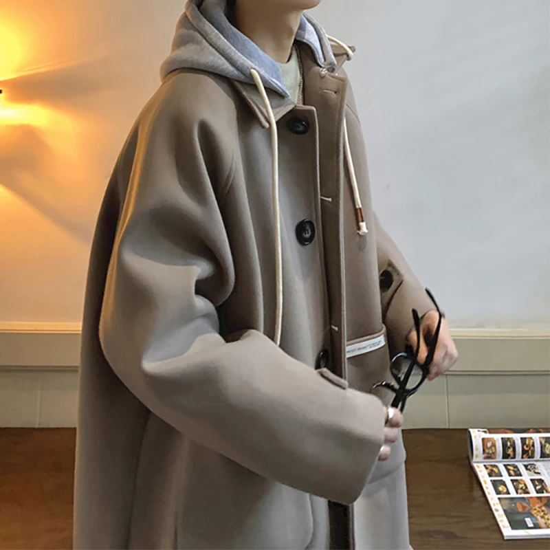 

Spring Autumn New Men's Fashion Clothing Korean Mid Length Cool Hooded Windbreakers Thick Warm Single Breasted Couple Coat
