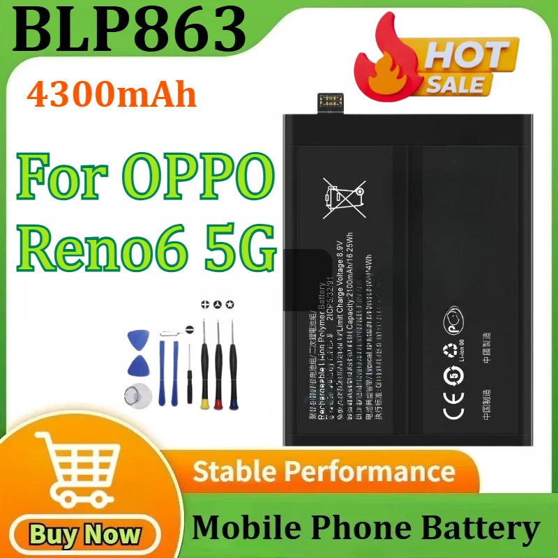 

100% New Battery BLP863 4300mAh for OPPO Reno 6 5G PEQM00 CPH2251 Mobile Phone Battery+Tools