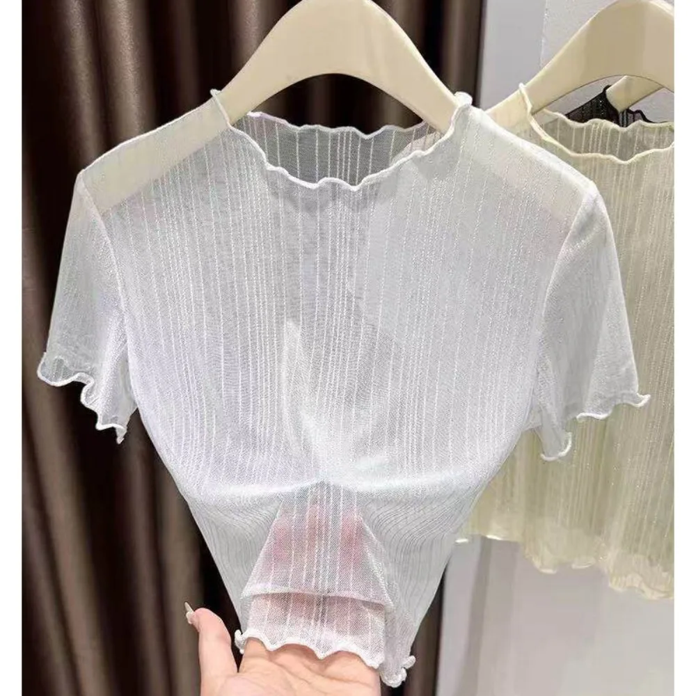 Elegant Nylon Silver Thread Lace Top Semi-sheer Mesh Fabric Lace Camisole Dress Inner Short Sleeve Short Sleeve Mesh Tee Women