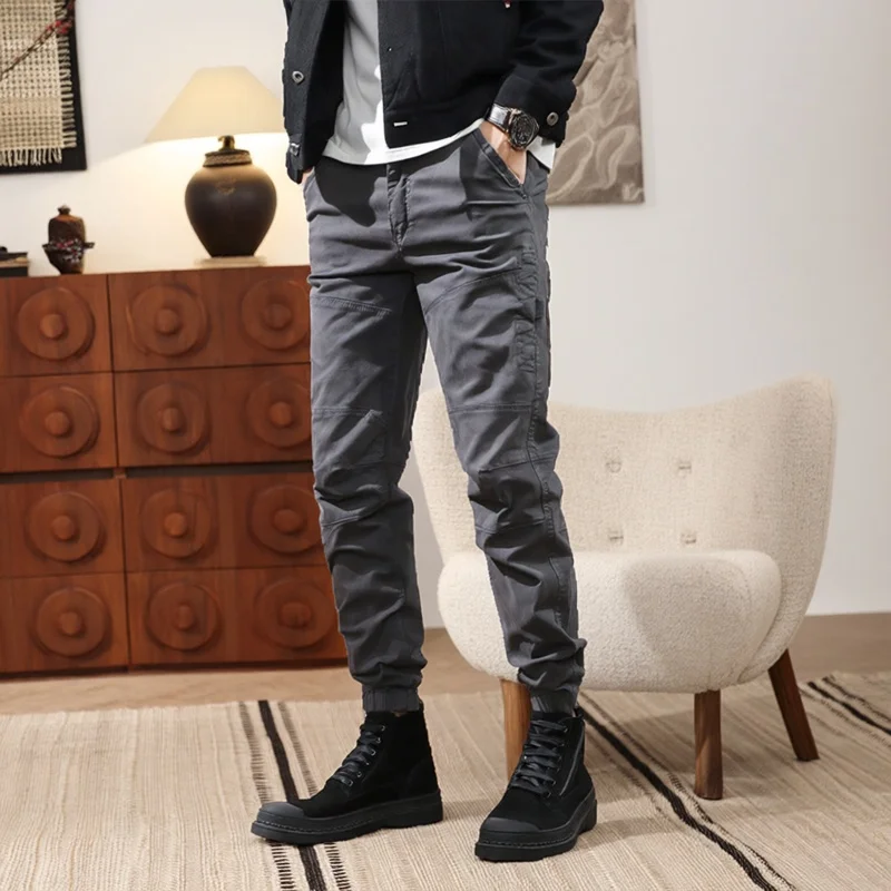 

Весенняя эластичная новинка 2025 года, мужские облегающие винтажные модные брендовые рабочие брюки с манжетами, повседневные брюки, спортивные длинные брюки для велоспорта