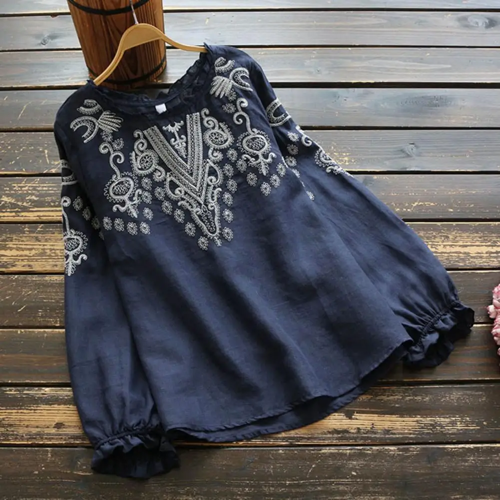 

Women Vintage Blouse Cotton Linen Spring Long Sleeve Ruffles Tops Female Embroidery Print T-shirt Robe Casual O Neck Blusas