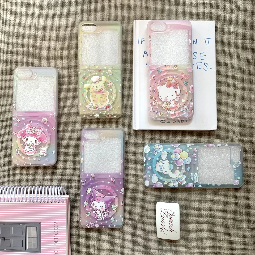 

Cute Kuromi My Melody Kitty Magnetic Grip Holder Magsafe Wireless Charge Phone Case For Samsung Galaxy Z Flip 7 6 5 4 3 Cover
