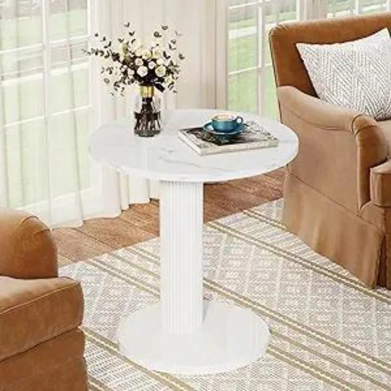 

Round End Table with Faux Marble Top and Roman Column Base, C-Shaped Nightstand Bedside Table, Small Coffee Accent Table for Li