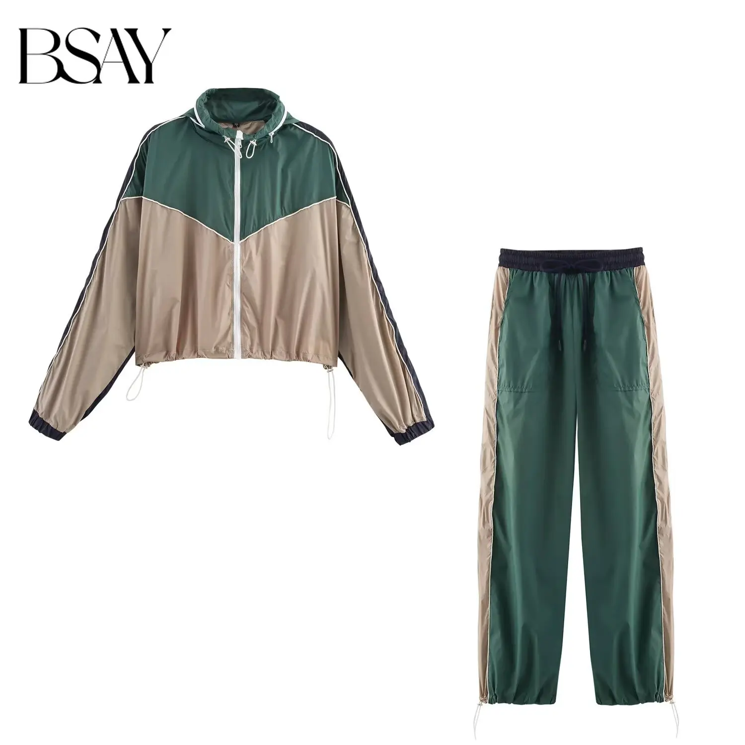 BSAY 2026 Arrival Women Vintage Color Block Versatile Cropped Hood Windbreaker Matching Drawstring Jogger Pants Sports Tracksuit