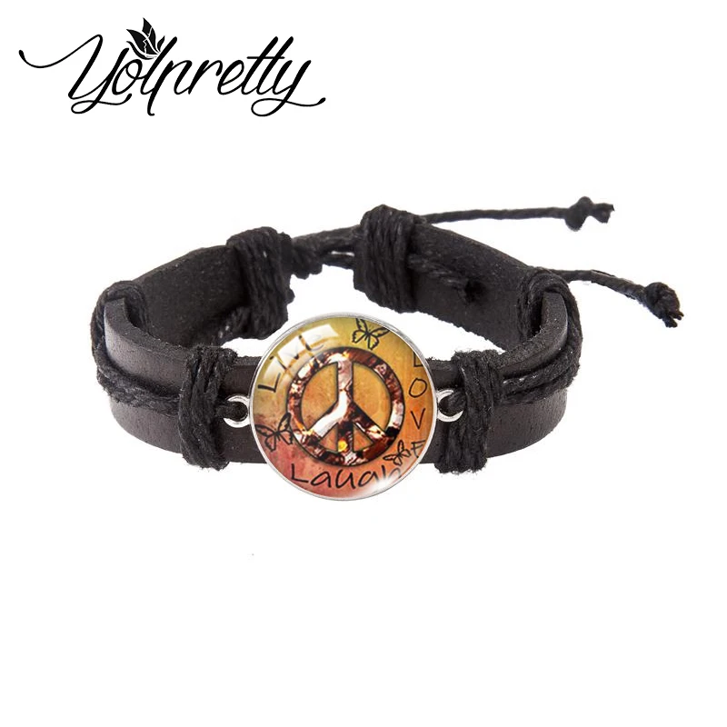 2023 New Fashion Peace Love Symbolism Glass Dome Black Leather Bracelets Handcraft Jewelry for Men