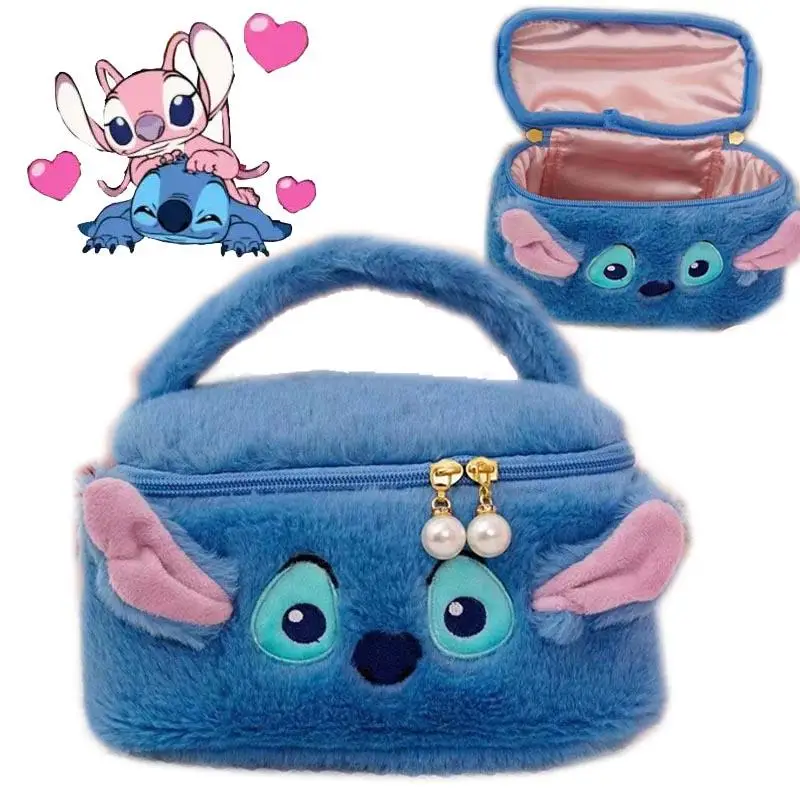 Disney Stitch Makeup Bags for Women Lilo and Stitch Portable Bucket Bag Girls Large Capacity Travel Storage Bags Plush Handbag