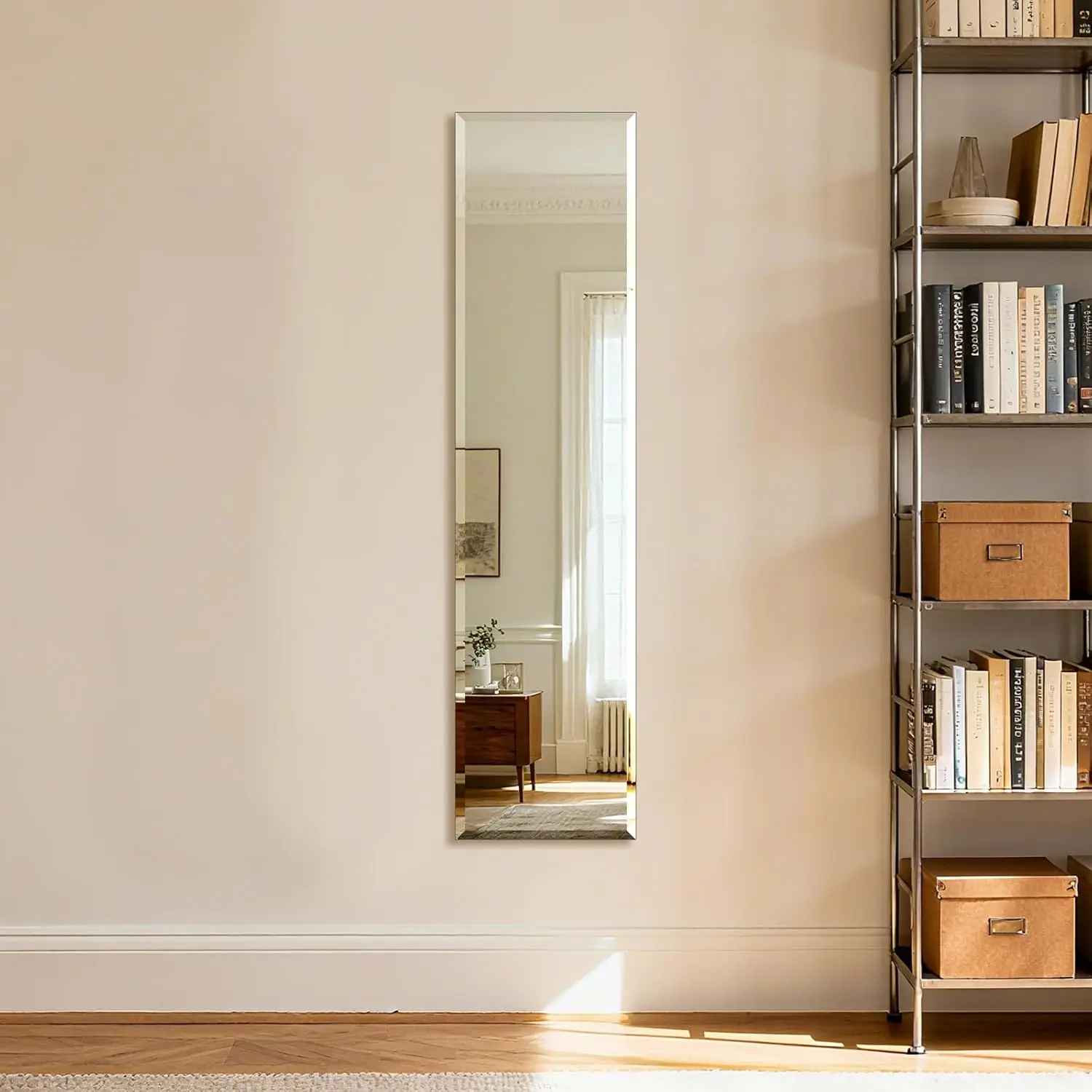 

Frameless Full Length Wall Mirror 48x12 Inch, Tempered Glass with Beveled Edge, Hangs Horizontally or Vertically