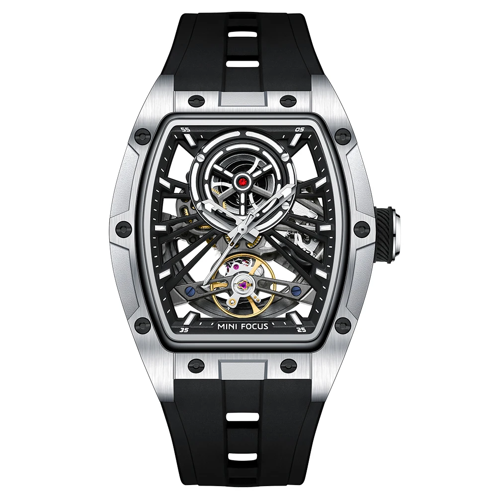 

FOCUS Fashion Leisure Alloy Case Men Mechanical Watch Silicone Band Barrel Shaped Dial Luminous Pointer Design Man Wristwatch