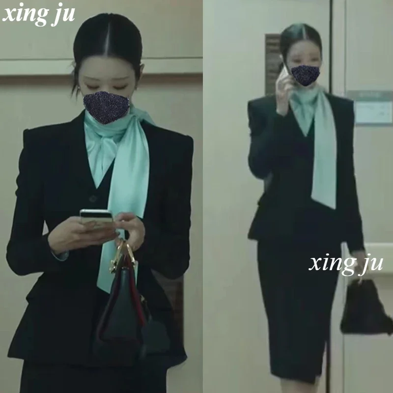 Kpop Koreaanse Zanger Party Temperament Zwarte Blazers Jas A-lijn Lange Rokken Vrouwen Kpop Outfits Stadium Kleding Jazzdans Kostuums
